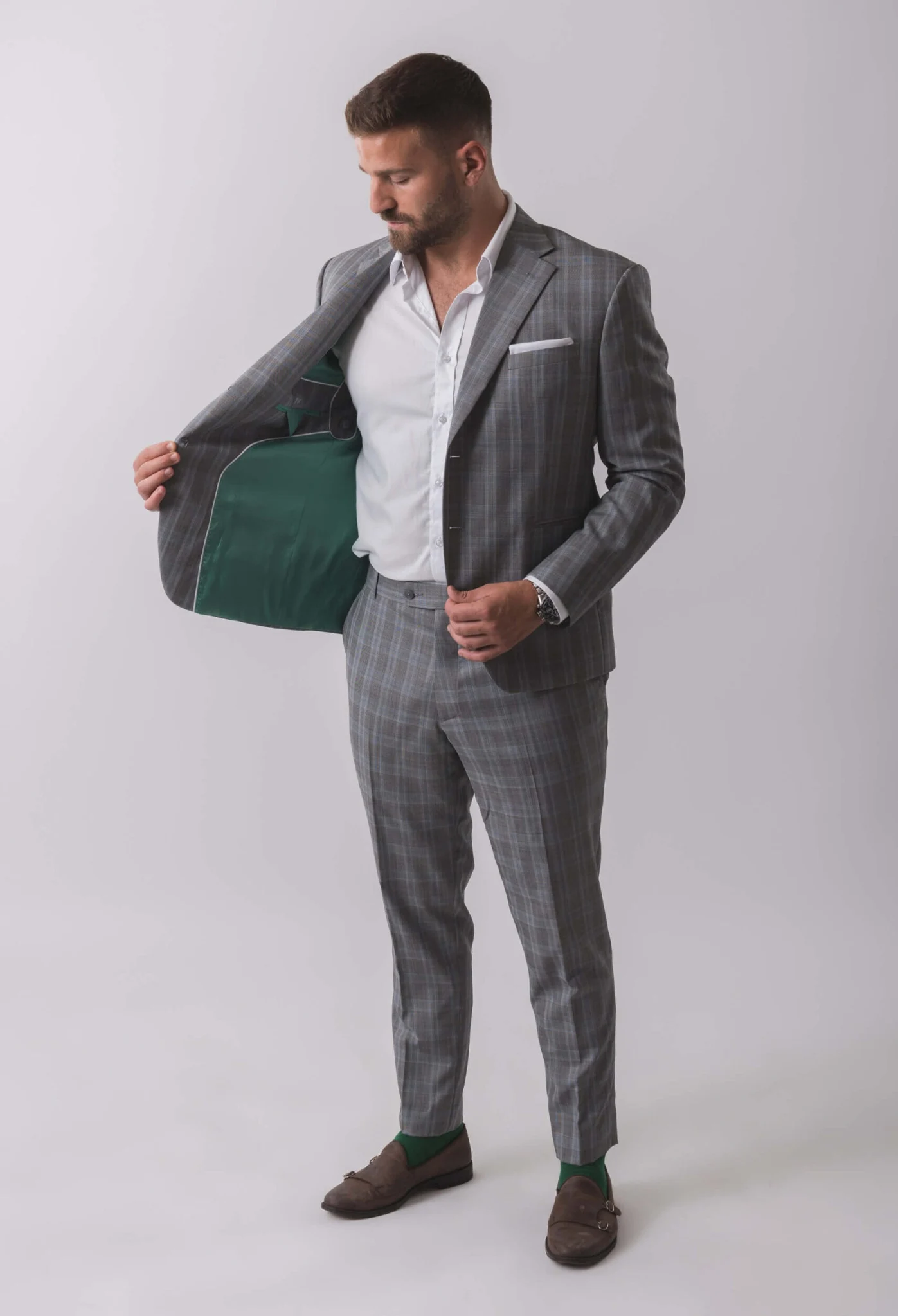 NIJO checked jacket opened to reveal its green lining